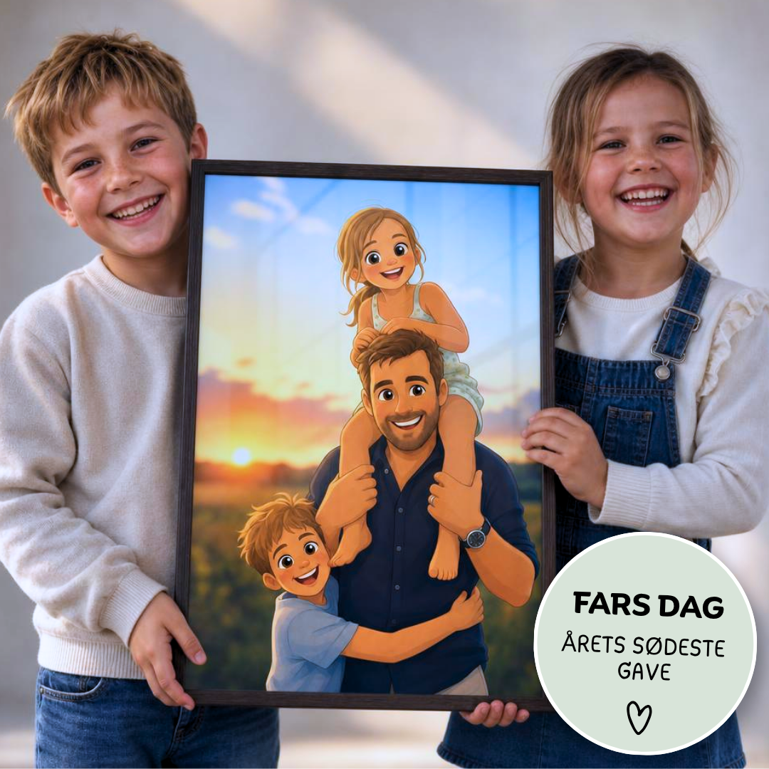 Far med små børn i solnedgang som 2D Animation Style plakat hold af børn. Fars dag: årets sødeste gave.