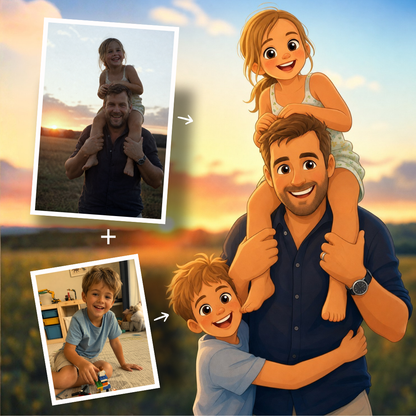 Far med små børn i solnedgang kombineret til 2D Animation Style plakat