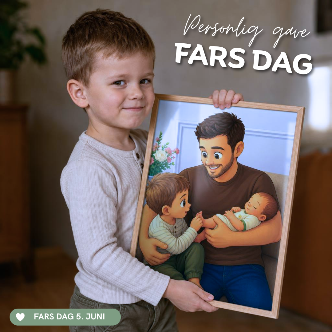 Far med små børn som 2D Animation Style plakat hold af søn. Fars dag: personlig gave.