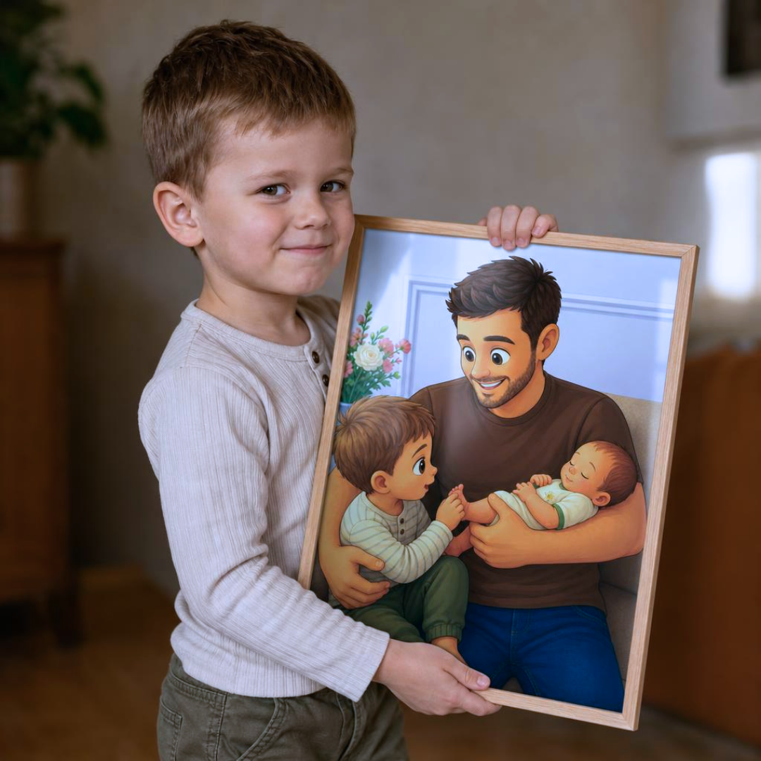 Far med små børn som 2D Animation Style plakat hold af søn.