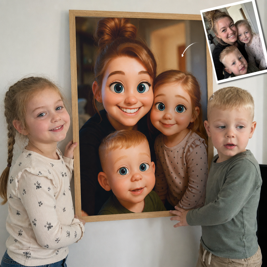 Børn foran familieportræt plakat - Figur Style gave til familien
