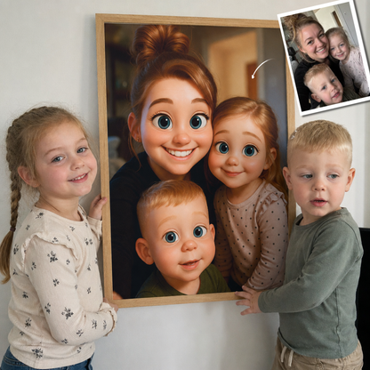 Børn foran familieportræt plakat - Figur Style gave til familien