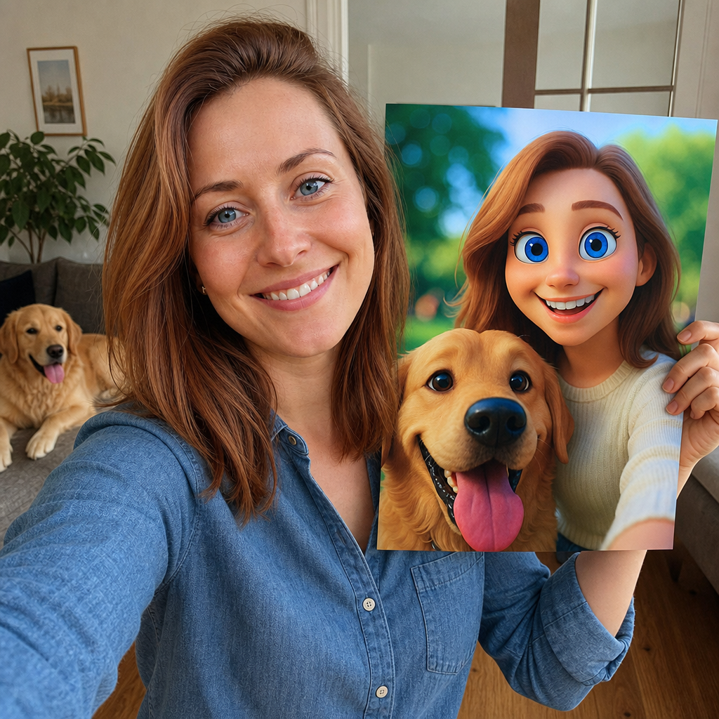 Kvinde og hund som AI portræt plakat - personlig gave med kæledyr